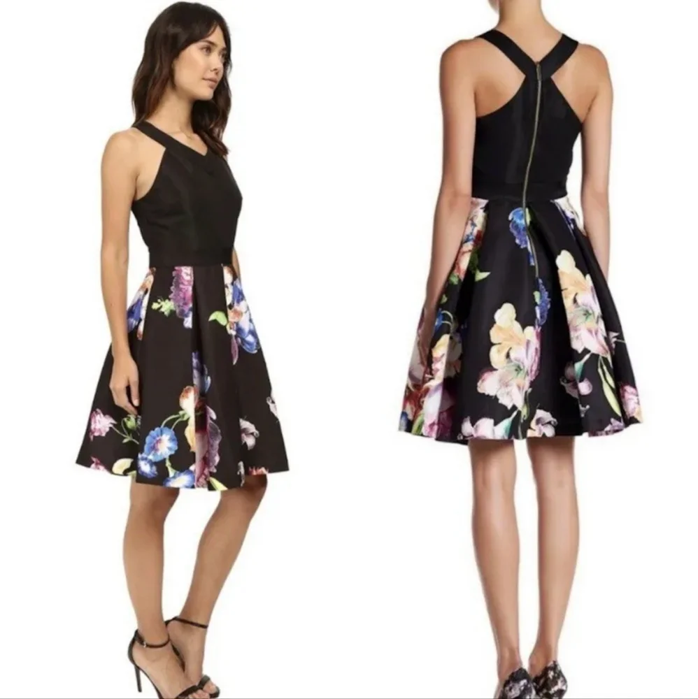 Ted Baker London Black Floral Illusia Pleated Dress - Ted 1/US 4